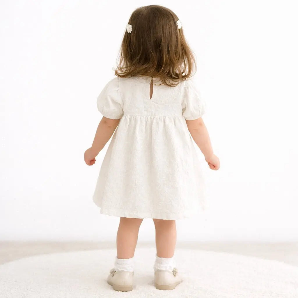 Off White Textured Kids Dress with Purple Lace Detail – Soft Cotton Summer Wear for Girls BloomUp