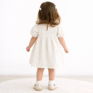 Off White Textured Kids Dress with Purple Lace Detail – Soft Cotton Summer Wear for Girls BloomUp
