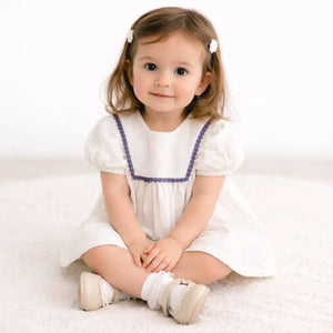 Off White Textured Kids Dress with Purple Lace Detail – Soft Cotton Summer Wear for Girls BloomUp