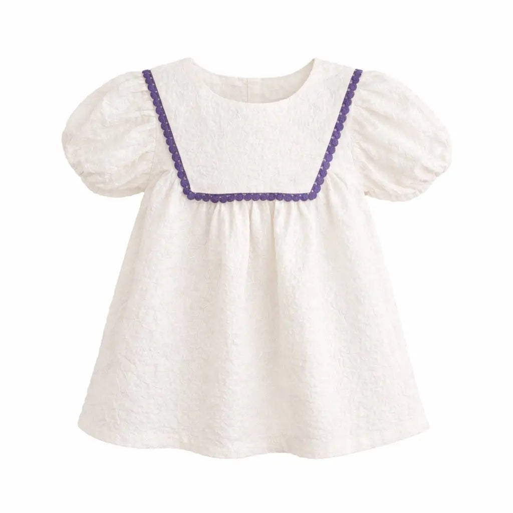 Off White Textured Kids Dress with Purple Lace Detail – Soft Cotton Summer Wear for Girls BloomUp