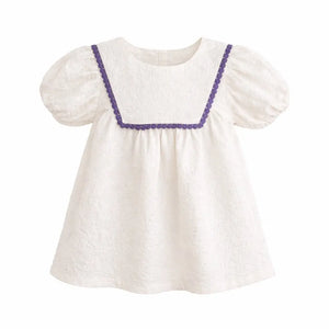 Off White Textured Kids Dress with Purple Lace Detail – Soft Cotton Summer Wear for Girls BloomUp
