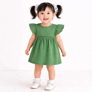 Green Embroidered Flutter Sleeve Kids Dress – Soft Cotton Summer Wear for Girls BloomUp