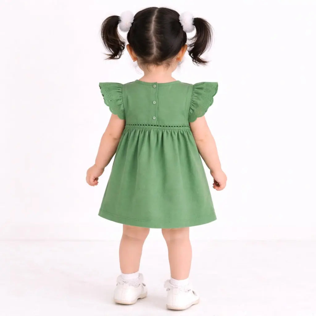 Green Embroidered Flutter Sleeve Kids Dress – Soft Cotton Summer Wear for Girls BloomUp