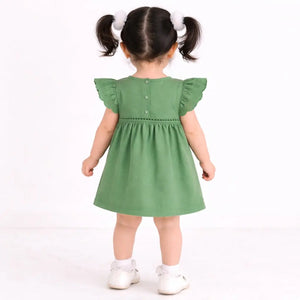 Green Embroidered Flutter Sleeve Kids Dress – Soft Cotton Summer Wear for Girls BloomUp