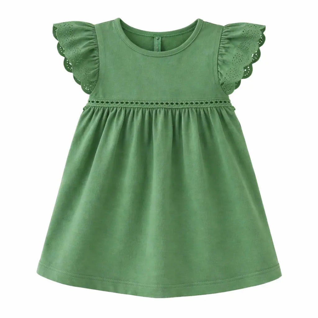 Green Embroidered Flutter Sleeve Kids Dress – Soft Cotton Summer Wear for Girls BloomUp