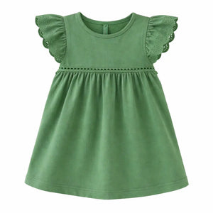 Green Embroidered Flutter Sleeve Kids Dress – Soft Cotton Summer Wear for Girls BloomUp