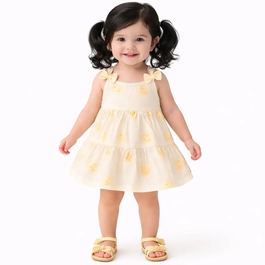 Cream Yellow Sun Print Tiered Kids Dress – Soft Cotton Summer Wear for Girls BloomUp