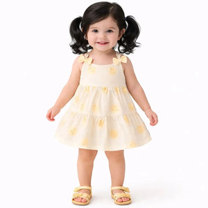 Cream Yellow Sun Print Tiered Kids Dress – Soft Cotton Summer Wear for Girls BloomUp