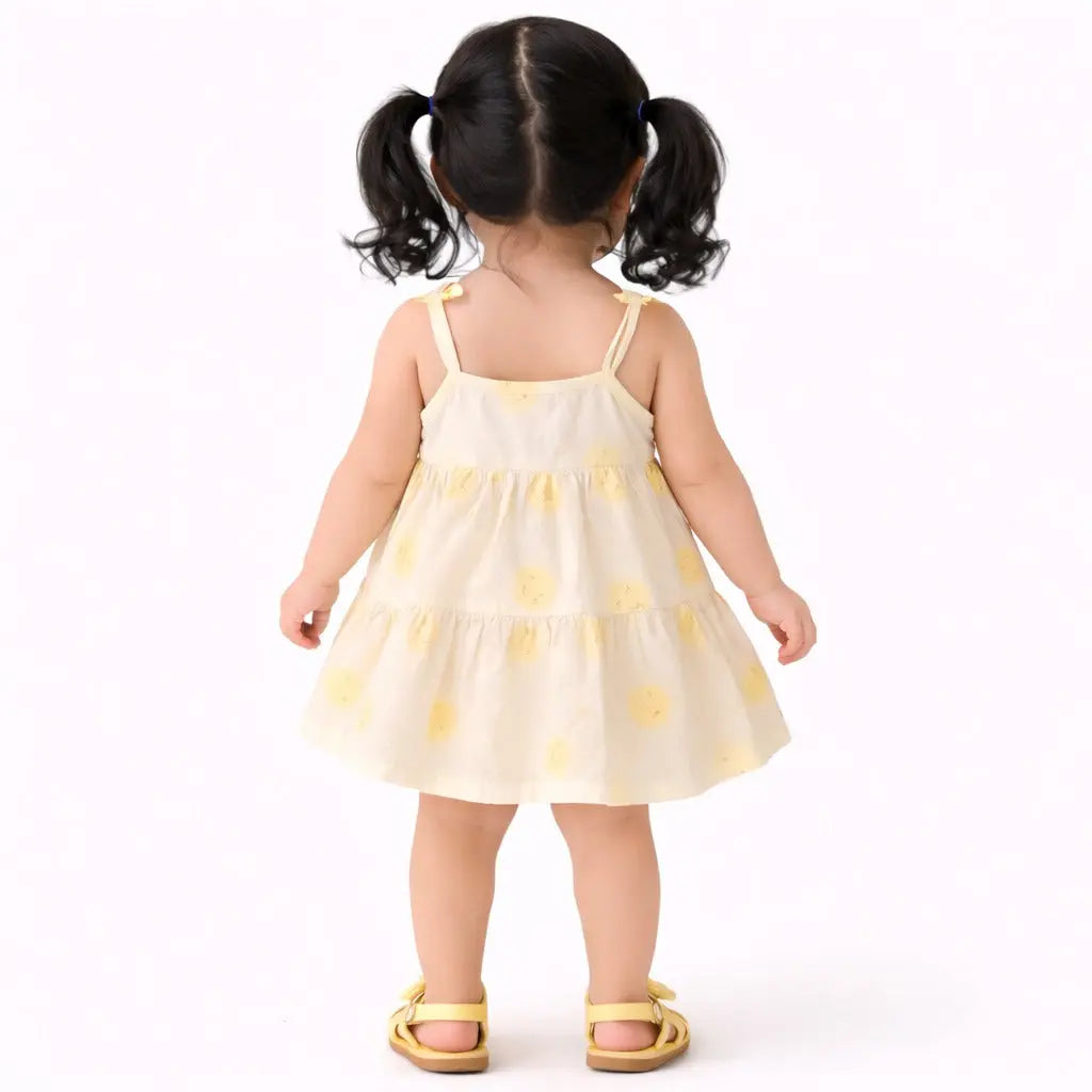 Cream Yellow Sun Print Tiered Kids Dress – Soft Cotton Summer Wear for Girls BloomUp