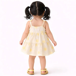 Cream Yellow Sun Print Tiered Kids Dress – Soft Cotton Summer Wear for Girls BloomUp