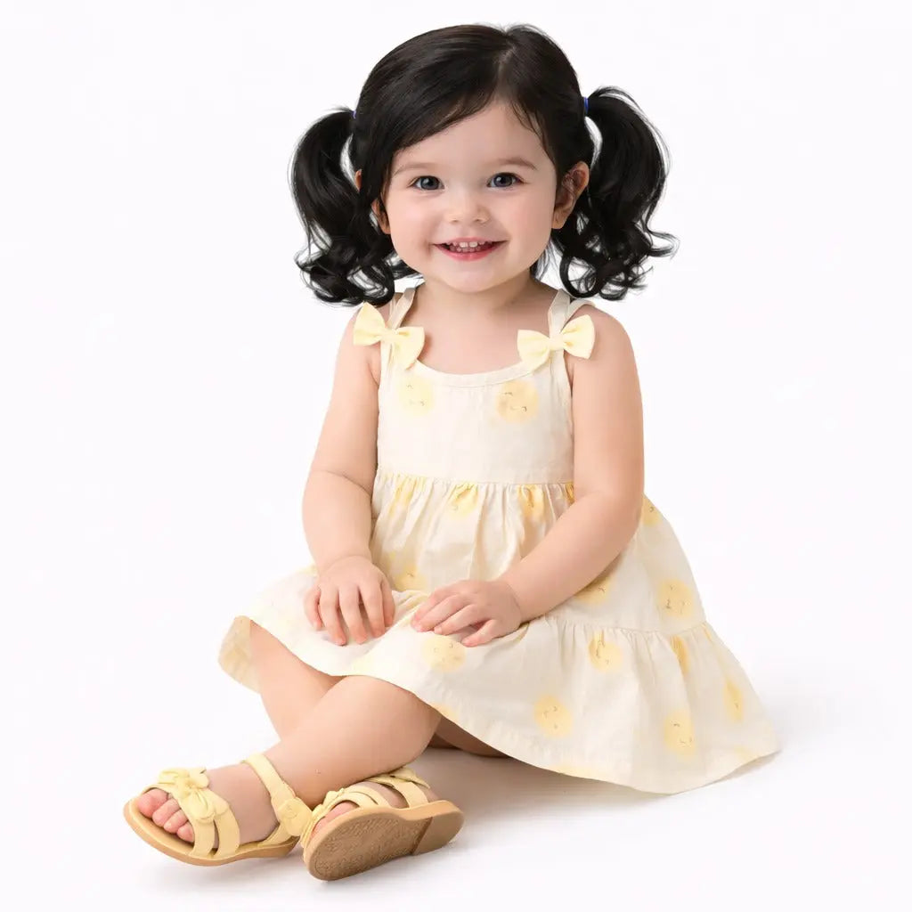 Cream Yellow Sun Print Tiered Kids Dress – Soft Cotton Summer Wear for Girls BloomUp