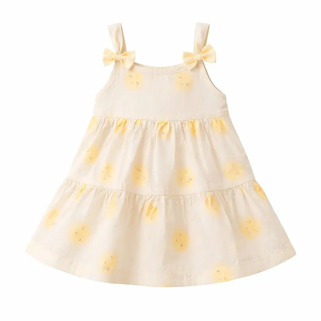 Cream Yellow Sun Print Tiered Kids Dress – Soft Cotton Summer Wear for Girls BloomUp