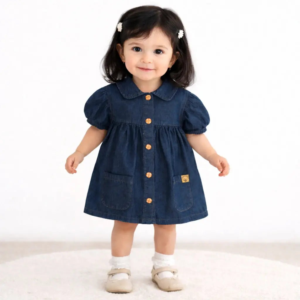 Navy Denim Button-Front Kids Dress – Soft Cotton Summer Wear for Girls BloomUp