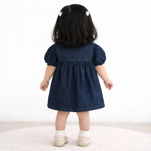 Navy Denim Button-Front Kids Dress – Soft Cotton Summer Wear for Girls BloomUp