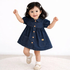 Navy Denim Button-Front Kids Dress – Soft Cotton Summer Wear for Girls BloomUp