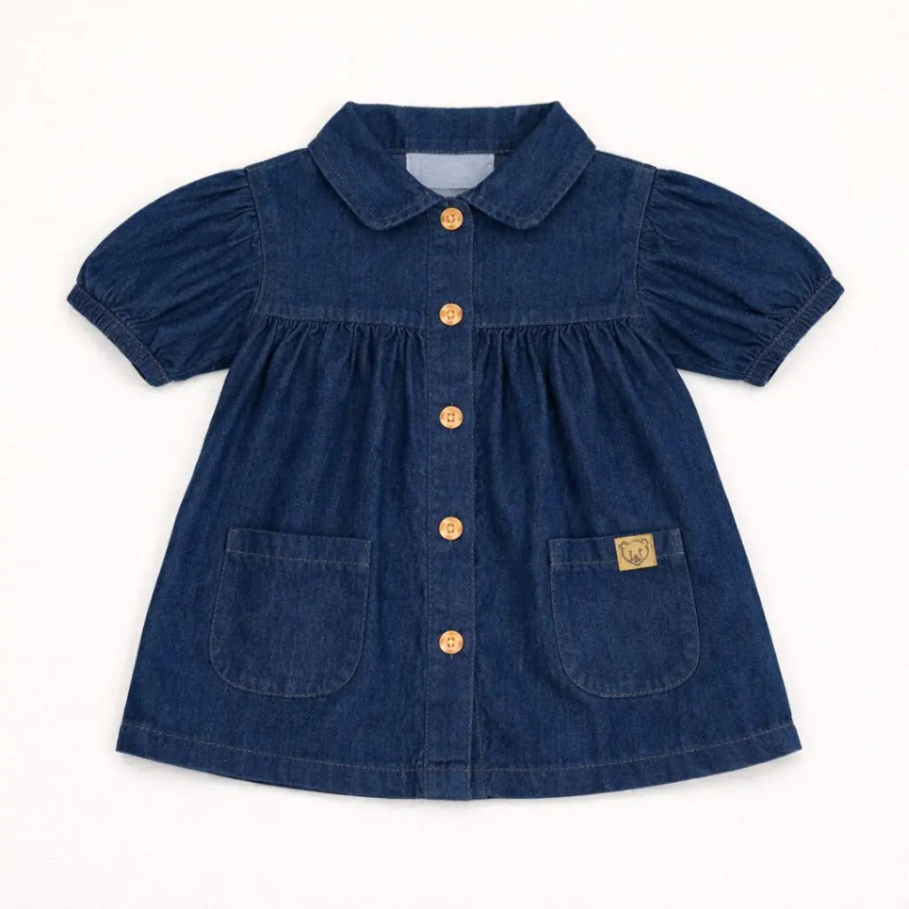 Navy Denim Button-Front Kids Dress – Soft Cotton Summer Wear for Girls BloomUp