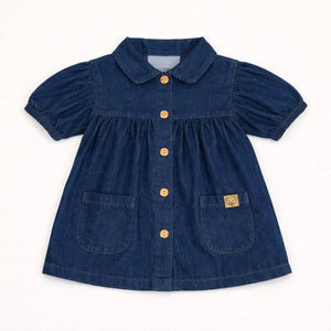 Navy Denim Button-Front Kids Dress – Soft Cotton Summer Wear for Girls BloomUp