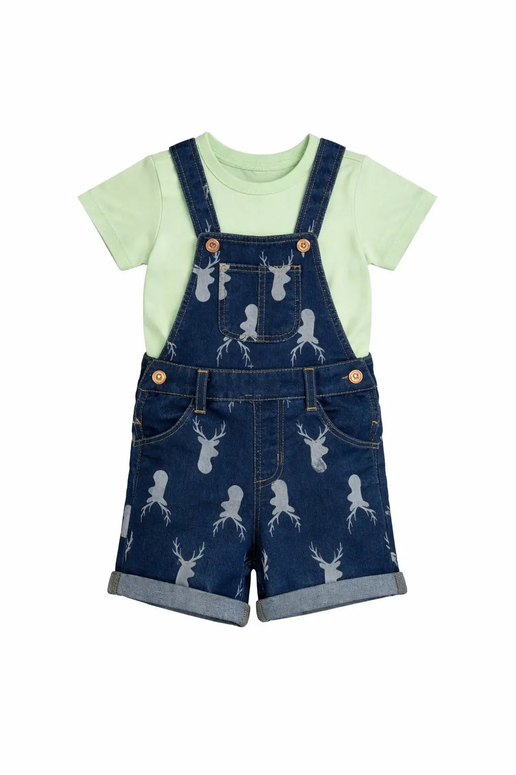 Denim Printed Dungaree Shorts Set with T-Shirt – Soft Cotton Summer Wear for Boys BloomUp