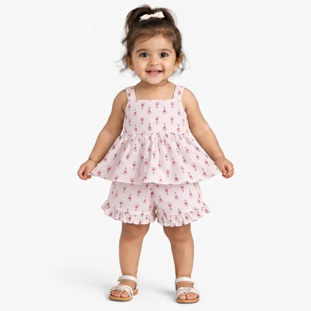 Pink Floral Print Kids Co-ord Set – Soft Cotton Summer Wear for Girls BloomUp