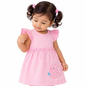 Baby Pink Elephant Embroidered Cotton Dress – Soft Summer Wear for Baby Girls BloomUp