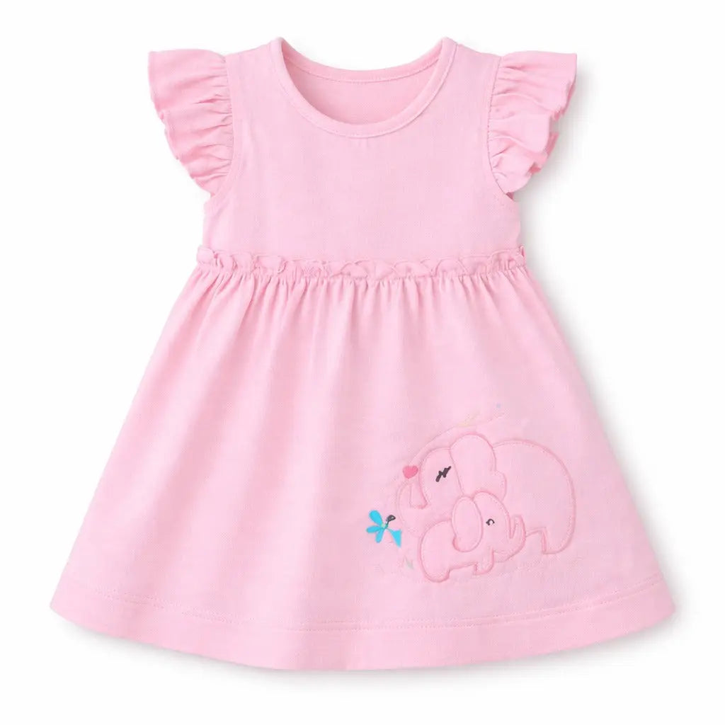 Baby Pink Elephant Embroidered Cotton Dress – Soft Summer Wear for Baby Girls BloomUp
