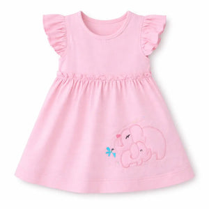 Baby Pink Elephant Embroidered Cotton Dress – Soft Summer Wear for Baby Girls BloomUp