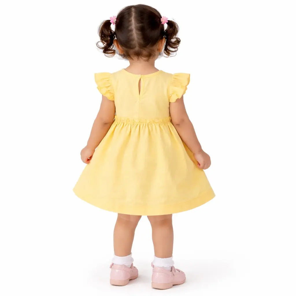 Sunshine Yellow Elephant Embroidered Cotton Dress – Soft Summer Wear for Baby Girls BloomUp