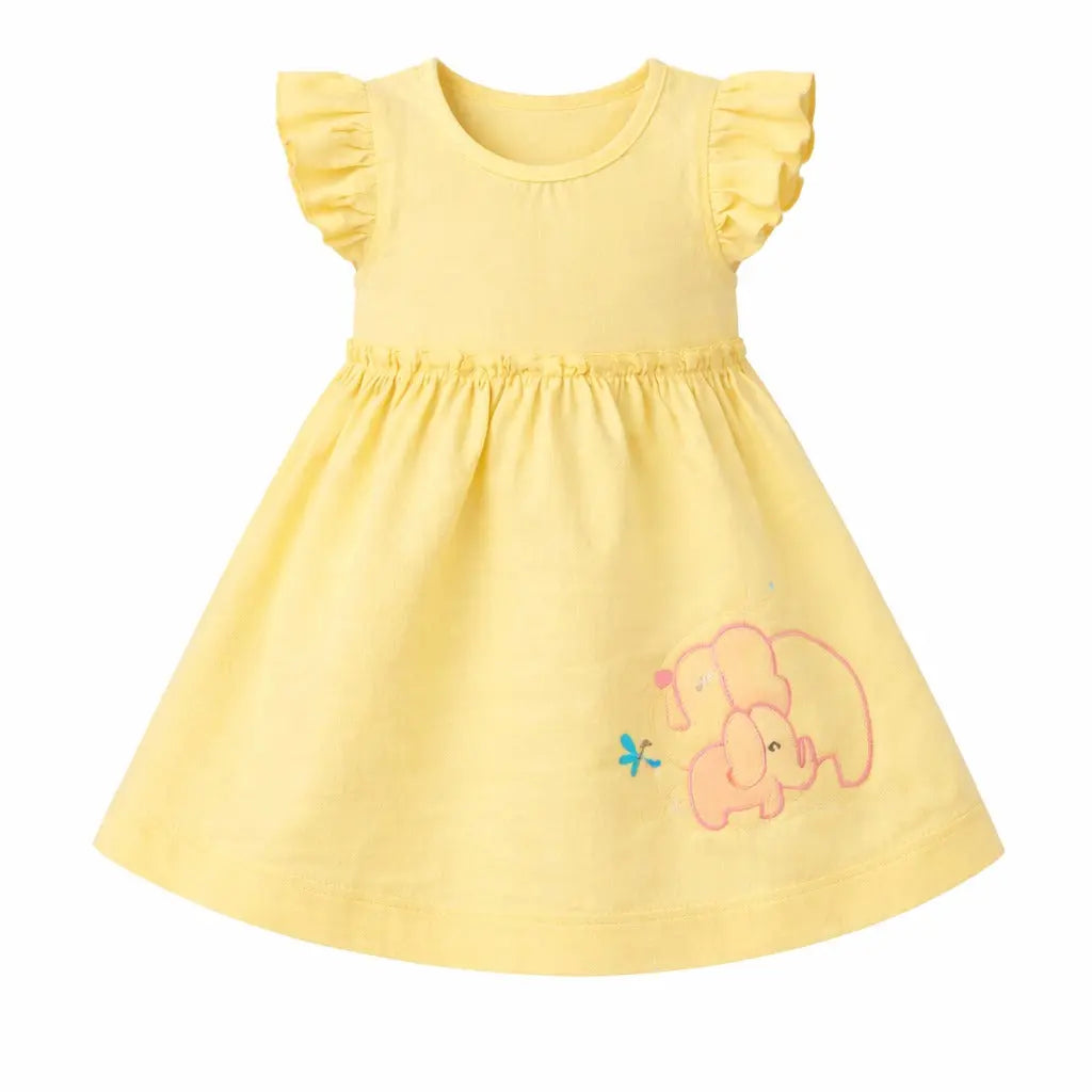 Sunshine Yellow Elephant Embroidered Cotton Dress – Soft Summer Wear for Baby Girls BloomUp