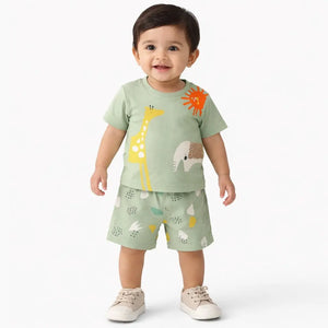 Kids Green Animal Print T-Shirt & Shorts Co-Ord Set BloomUp
