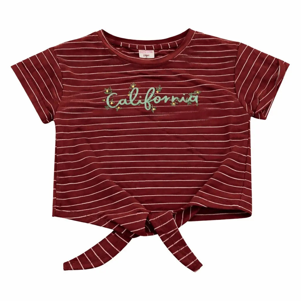 Maroon Striped California Tie-Up Top for Girls – Soft Cotton Summer Wear Kids T-Shirt BloomUp