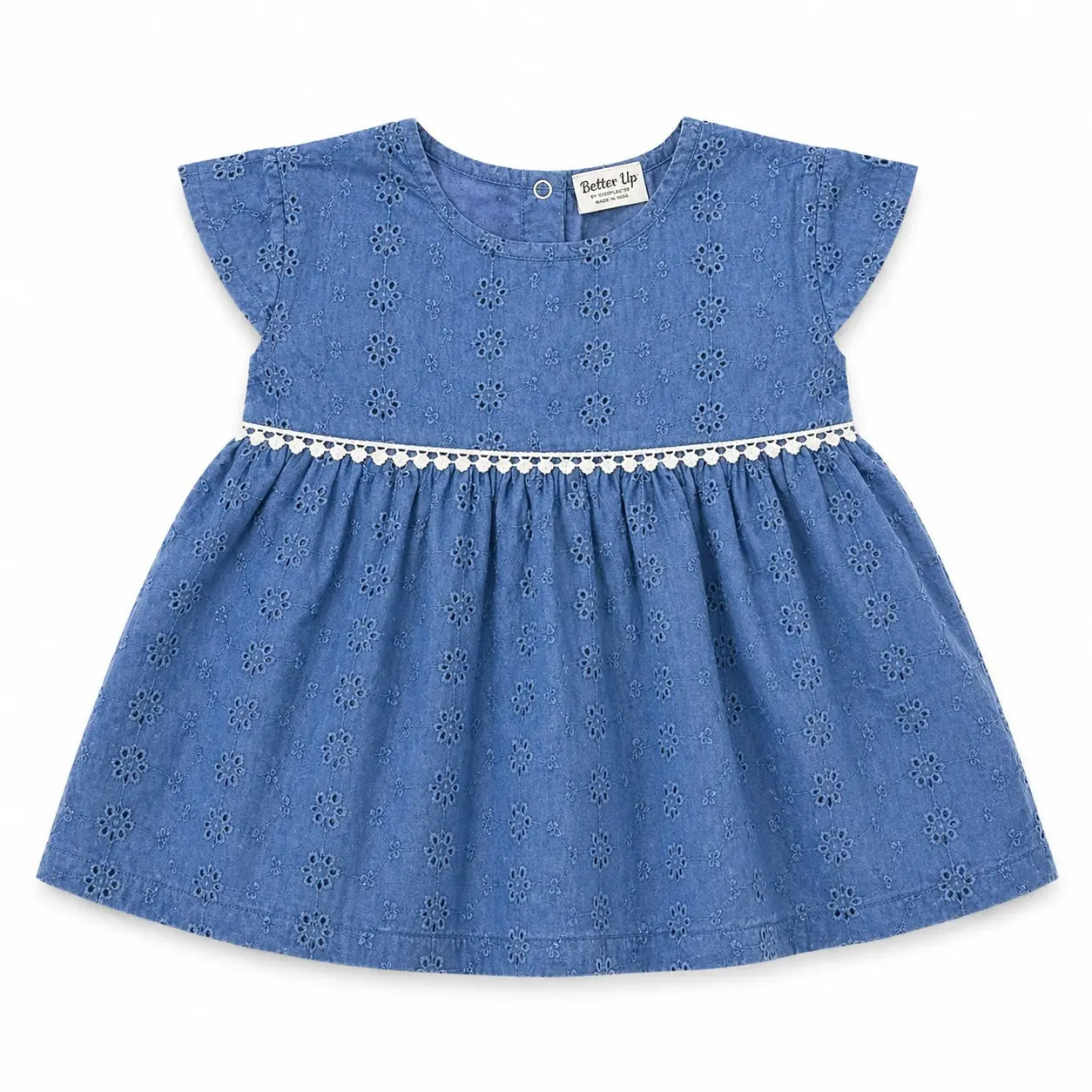 Teal Blue Eyelet Cotton Dress with Pom-Pom Waist Detail – Elegant Summer Wear for Baby Girls BloomUp
