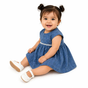 Teal Blue Eyelet Cotton Dress with Pom-Pom Waist Detail – Elegant Summer Wear for Baby Girls BloomUp