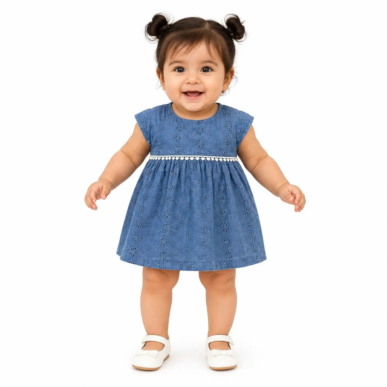 Teal Blue Eyelet Cotton Dress with Pom-Pom Waist Detail – Elegant Summer Wear for Baby Girls BloomUp
