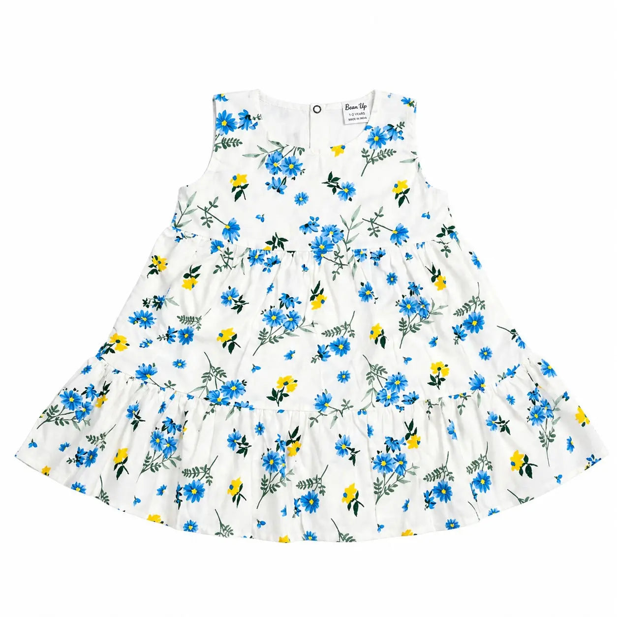 White Floral Sleeveless Baby Dress – Blue & Yellow Daisy Cotton Summer Outfit BloomUp