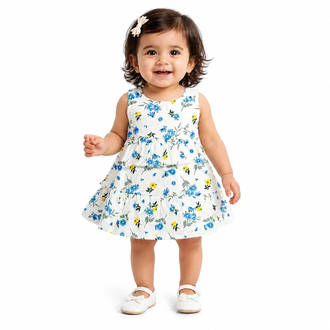 White Floral Sleeveless Baby Dress – Blue & Yellow Daisy Cotton Summer Outfit BloomUp