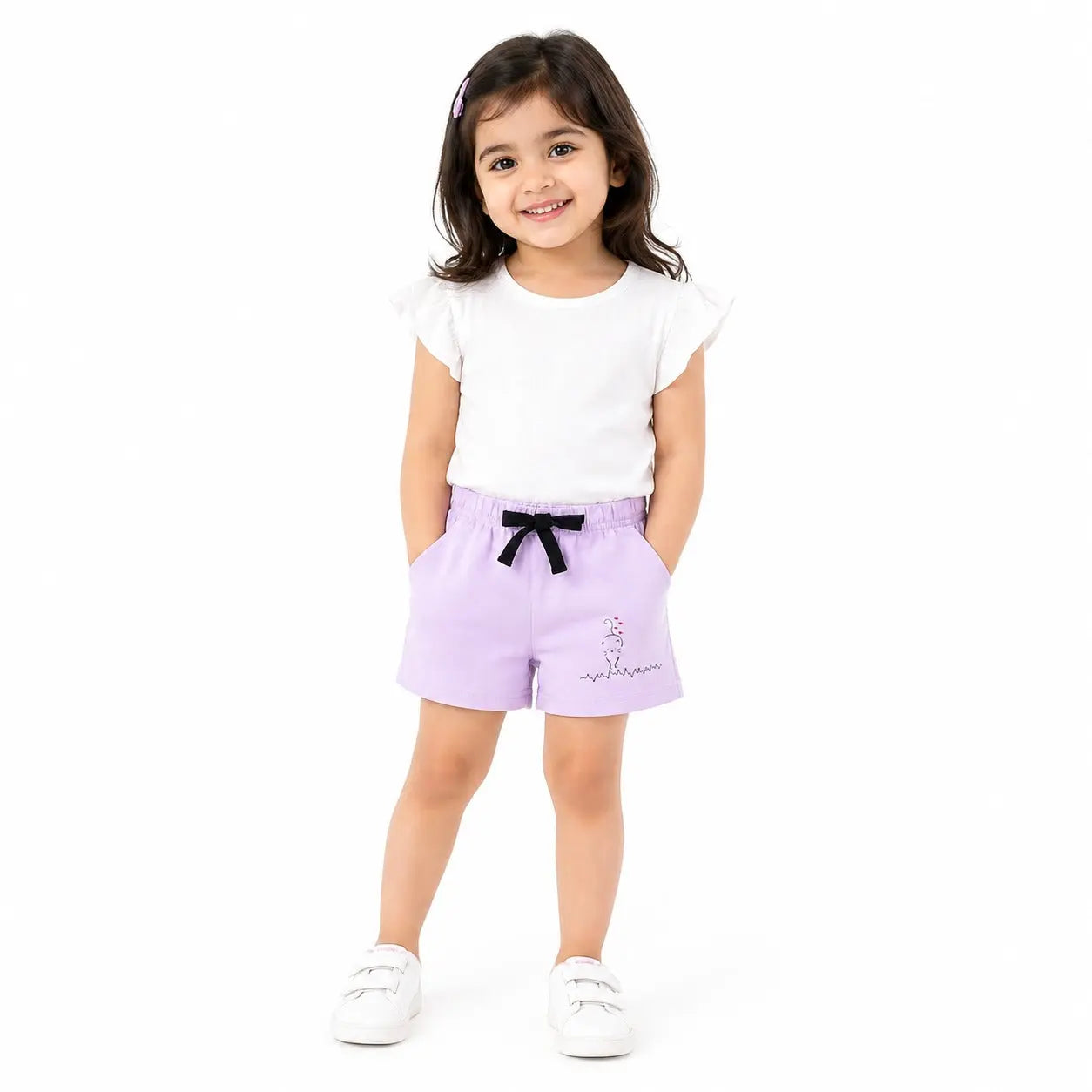 Kids Lavender Cartoon Print Cotton Shorts with Contrast Drawstring BloomUp