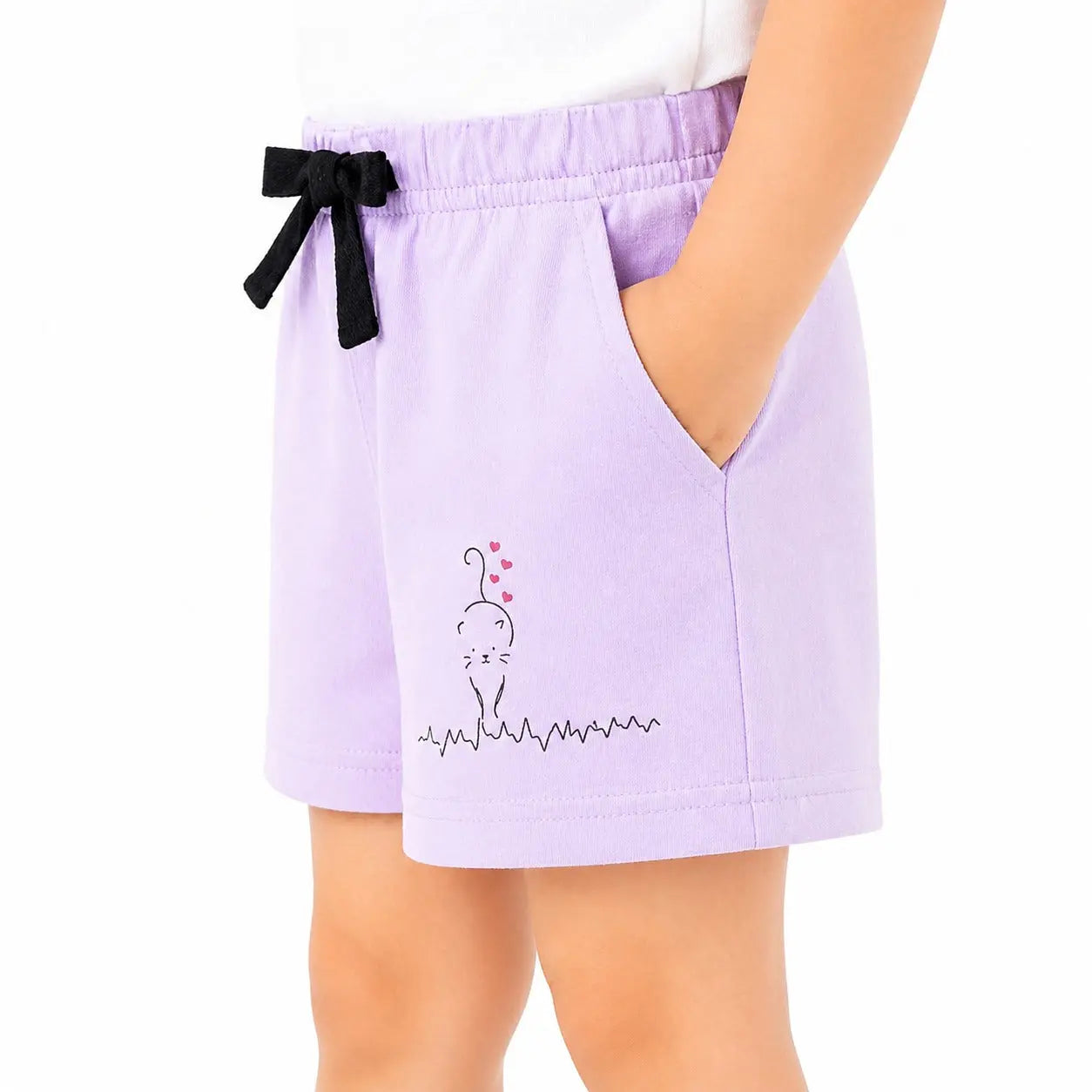 Kids Lavender Cartoon Print Cotton Shorts with Contrast Drawstring BloomUp