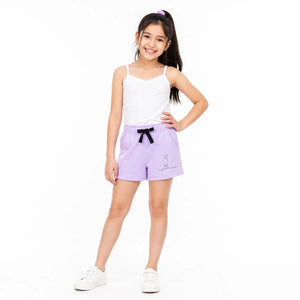 Kids Lavender Cartoon Print Cotton Shorts with Contrast Drawstring BloomUp