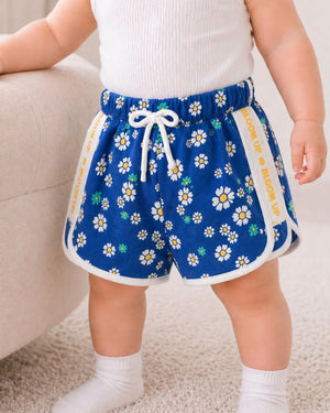 Girls Navy Blue Daisy Print Drawstring Shorts BloomUp