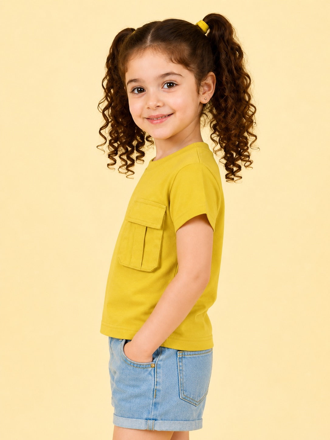 Girls Mustard Yellow Pocket Detail Cotton T-Shirt – Casual Half Sleeve Kids Tee BloomUp