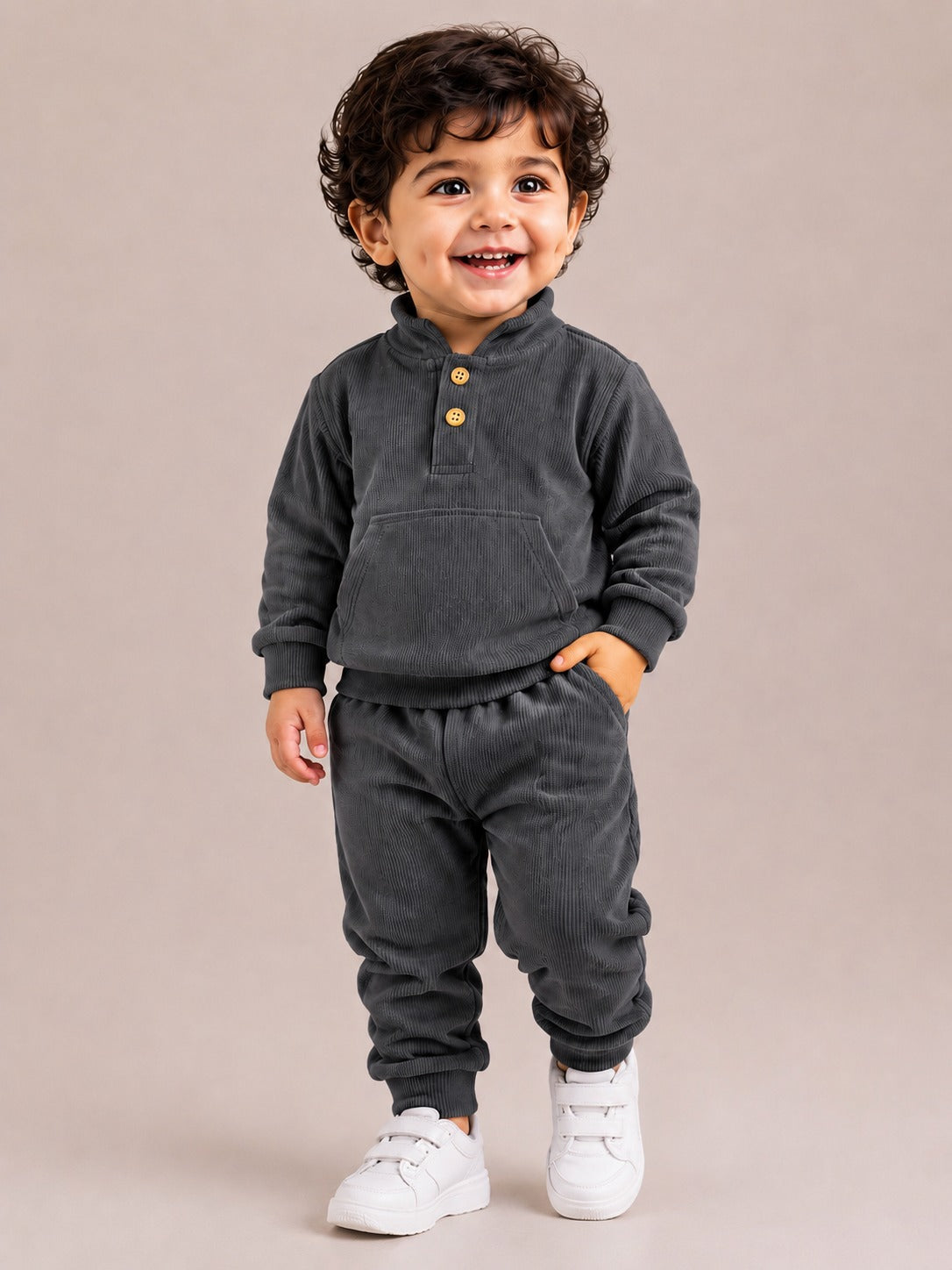 Dark Gray Corduroy Sweatshirt & Joggers Set for Toddlers – Cozy & Stylish Boys Outfit BloomUp