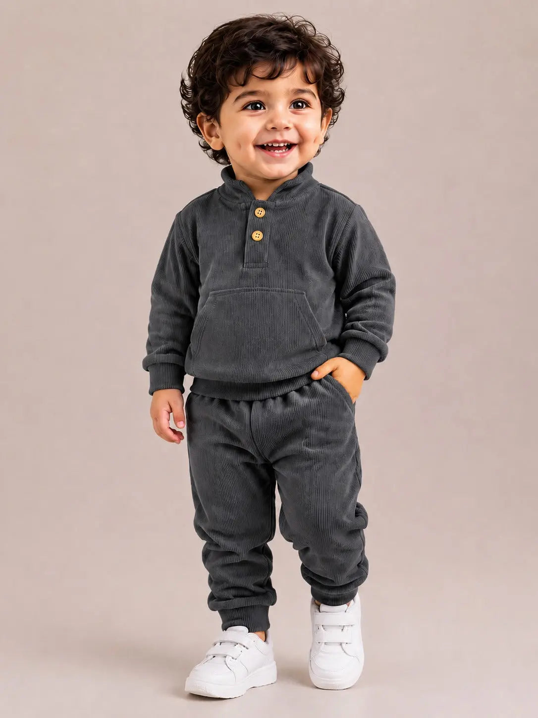 BloomUp Charcoal Corduroy Co-ord Set for Baby Boys – Soft Henley Sweatshirt & Jogger Pants Set