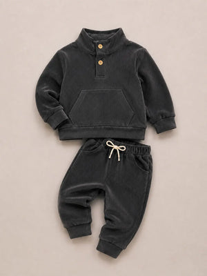 BloomUp Charcoal Corduroy Co-ord Set for Baby Boys – Soft Henley Sweatshirt & Jogger Pants Set