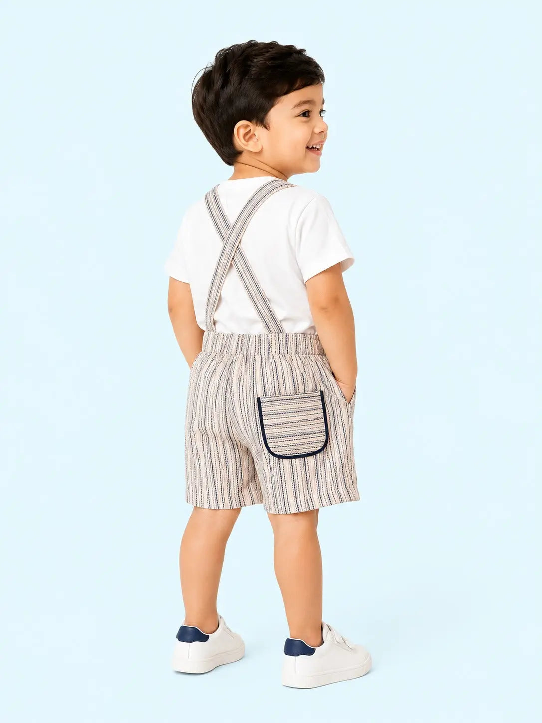 BloomUp Summer Mood Graphic T-Shirt & Suspender Shorts Set for Boys – Striped Casual Summer Outfit