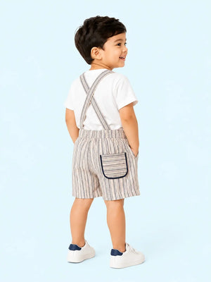 BloomUp Summer Mood Graphic T-Shirt & Suspender Shorts Set for Boys – Striped Casual Summer Outfit