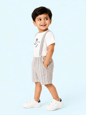 BloomUp Summer Mood Graphic T-Shirt & Suspender Shorts Set for Boys – Striped Casual Summer Outfit