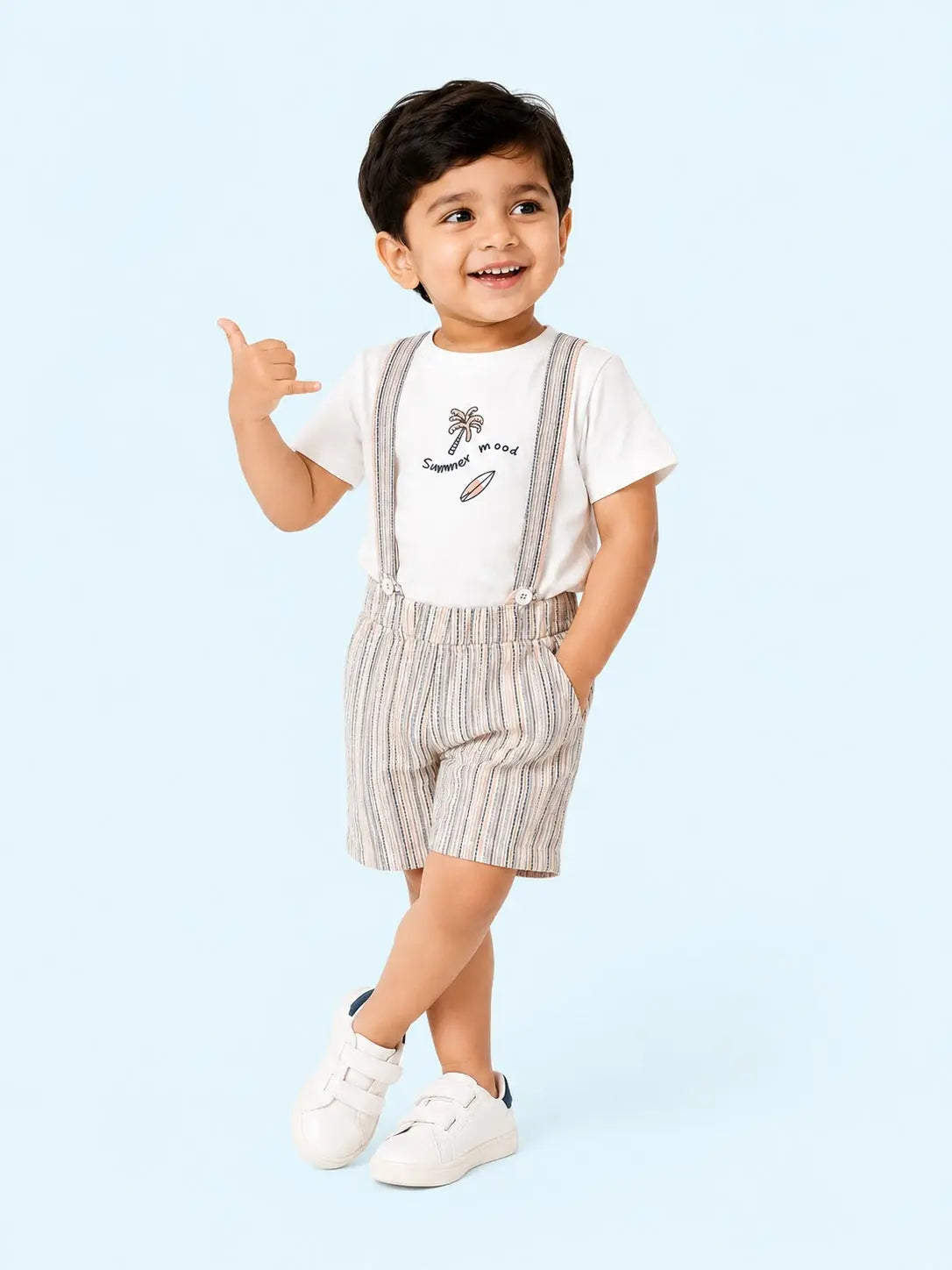 BloomUp Summer Mood Graphic T-Shirt & Suspender Shorts Set for Boys – Striped Casual Summer Outfit