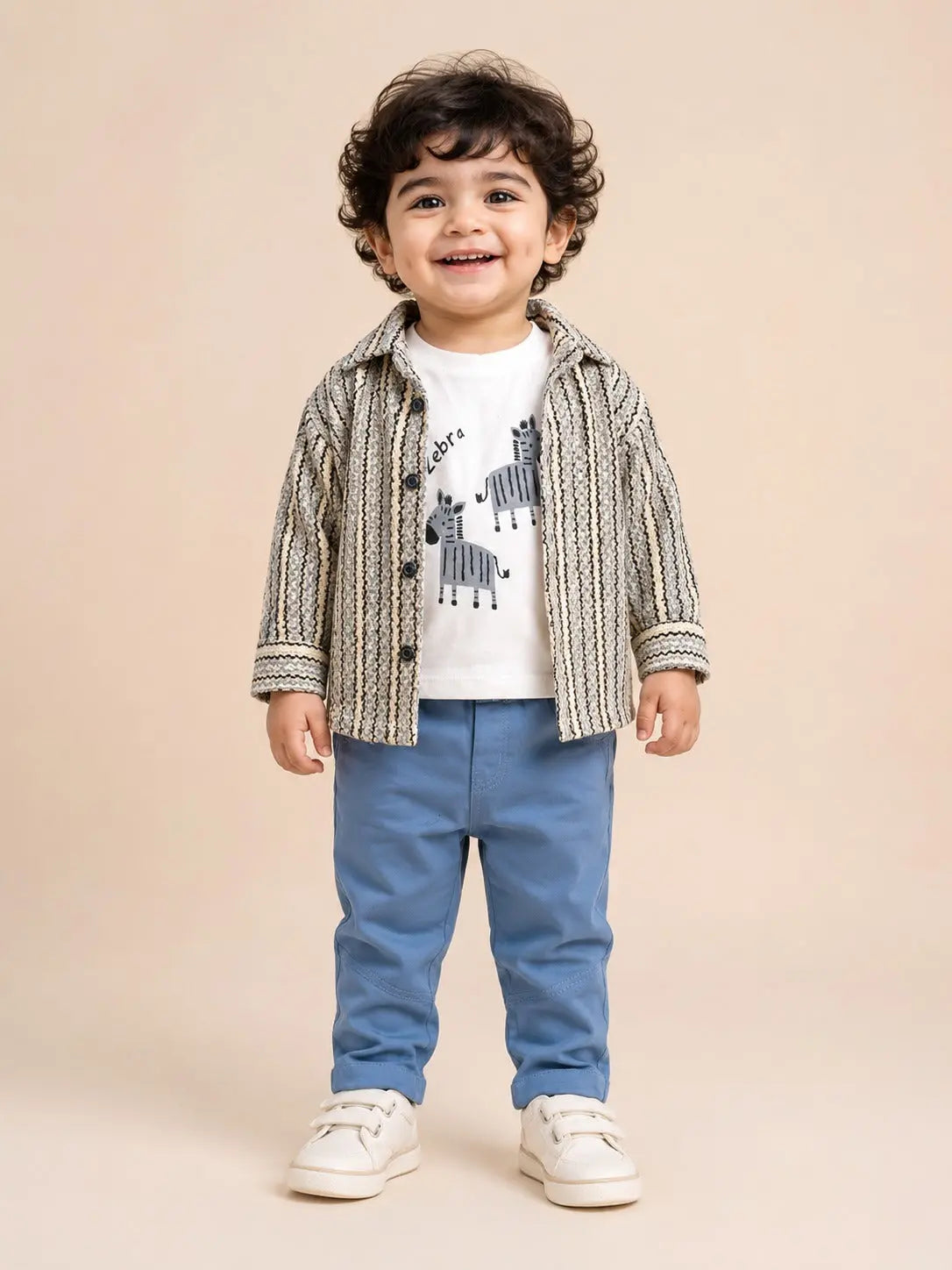 BloomUp Zebra Print 3-Piece Outfit Set for Baby Boys – Textured Shirt, Graphic T-Shirt & Blue Trousers