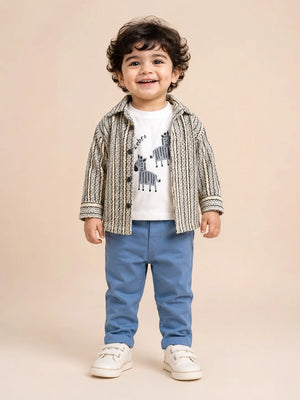 BloomUp Zebra Print 3-Piece Outfit Set for Baby Boys – Textured Shirt, Graphic T-Shirt & Blue Trousers