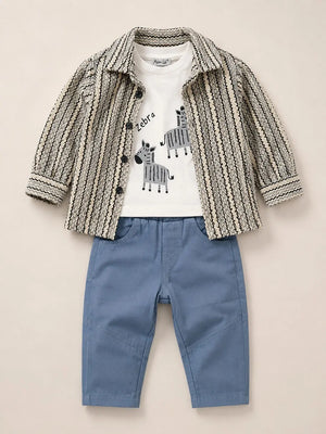 BloomUp Zebra Print 3-Piece Outfit Set for Baby Boys – Textured Shirt, Graphic T-Shirt & Blue Trousers